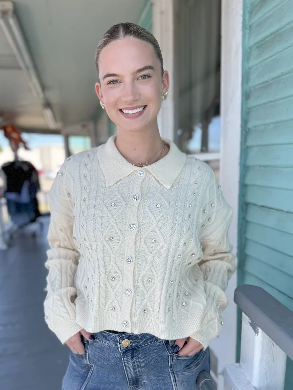 The Colette Rhinestone Cardigan-Cream