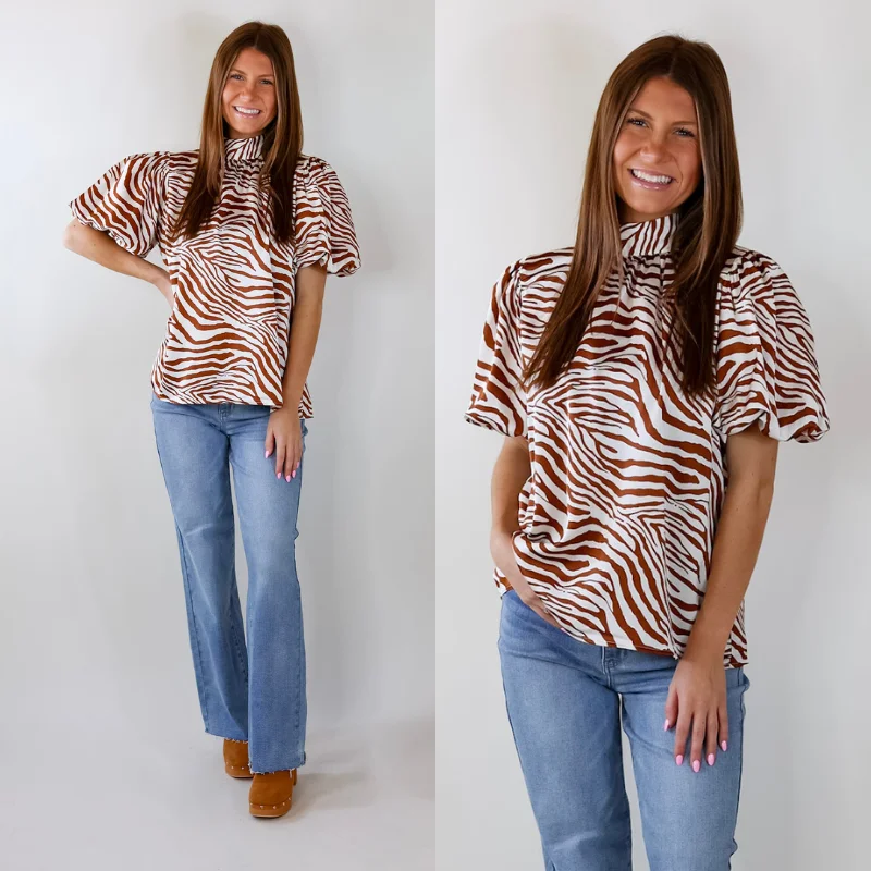 Rival Flair Zebra Print Top with Mock Neck in Ginger and White